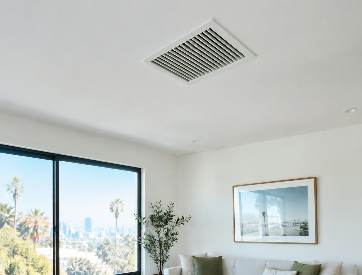 White ceiling air supply vent in a bright living room