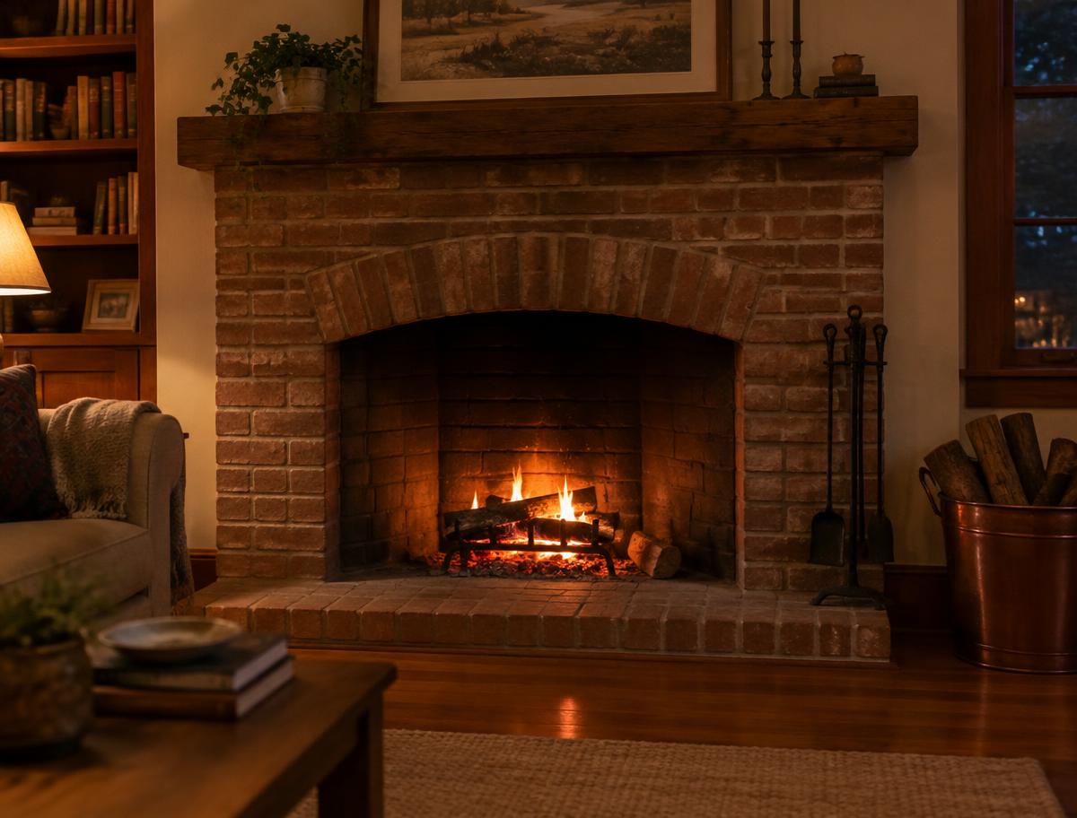 Brick fireplace with a small wood fire burning